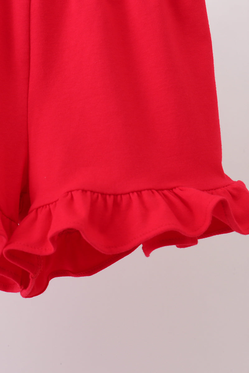 Girls Red flag fireworks embroidery ruffle shorts set