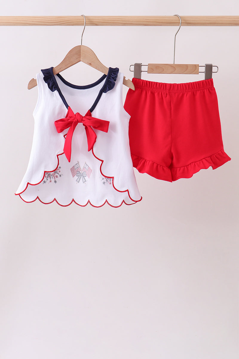 Girls Red flag fireworks embroidery ruffle shorts set