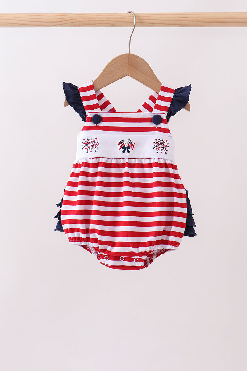 Baby Girls Red stripe flag fireworks embroidery ruffle bubble