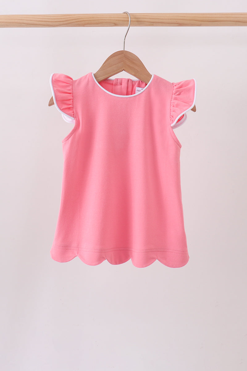 Girls Deep Pink Flutter Sleeve Scalloped Top