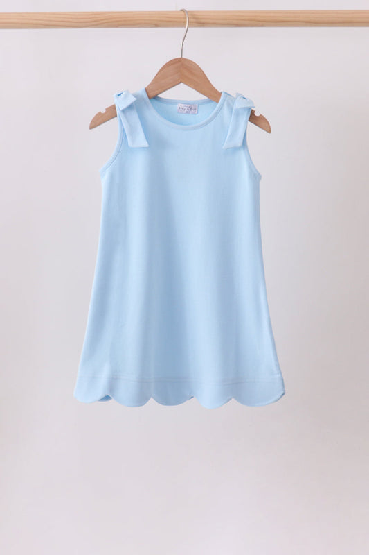 Girls Blue Scalloped Bow Dress