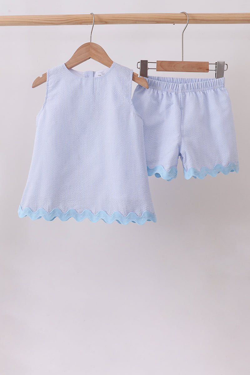 Girls Blue Seersucker Stripe Scalloped Shorts Set