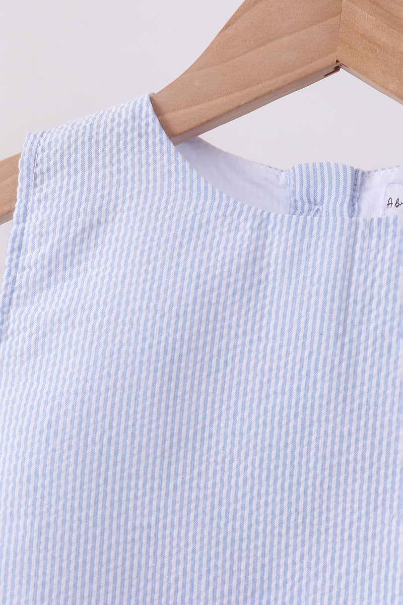 Girls Blue Seersucker Stripe Scalloped Shorts Set