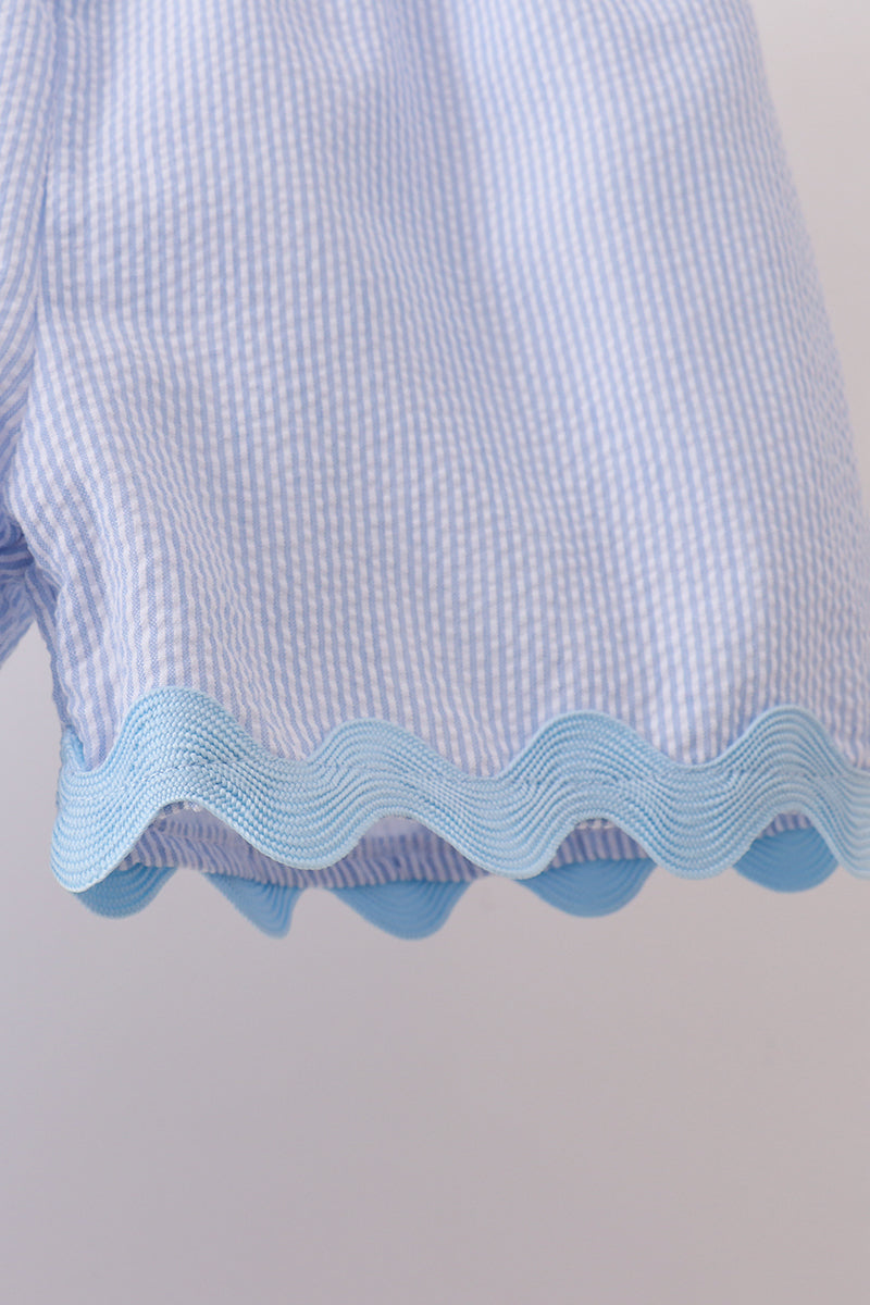 Girls Blue Seersucker Stripe Scalloped Shorts Set