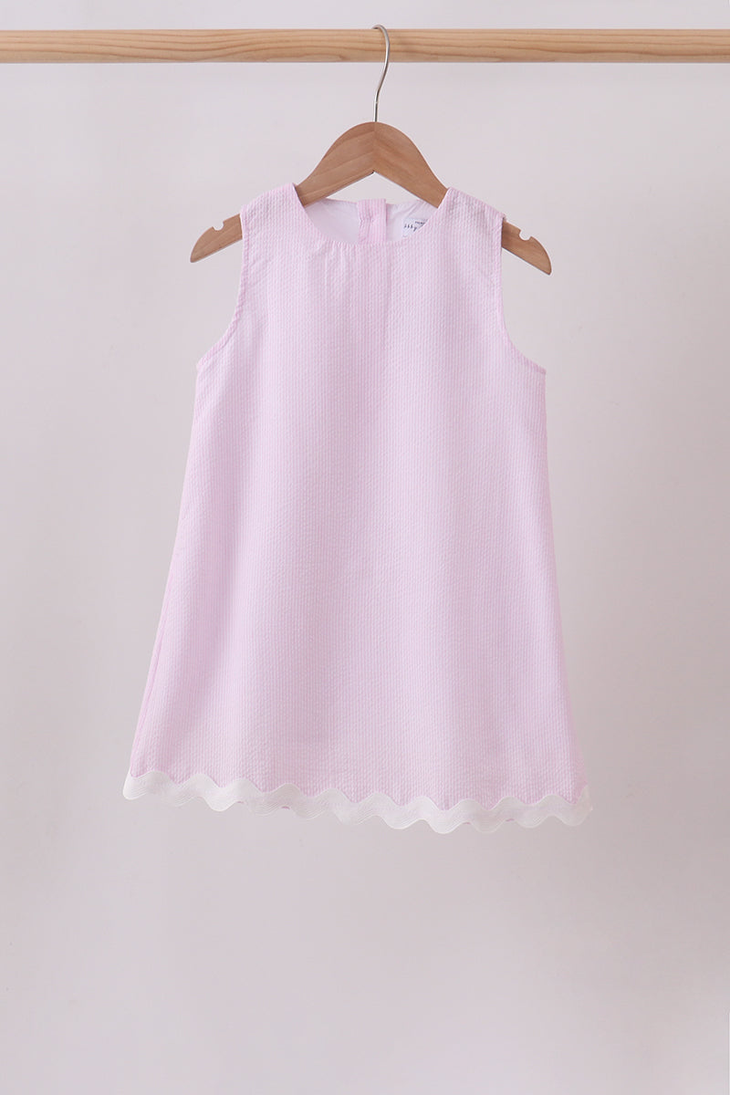 Girls Pink Seersucker Stripe Scalloped Dress