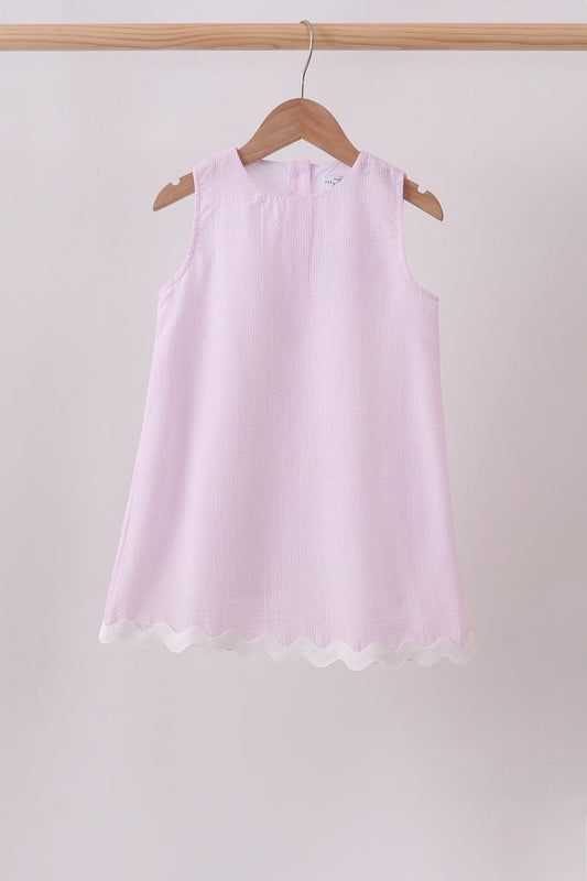 Girls Pink Seersucker Stripe Scalloped Dress