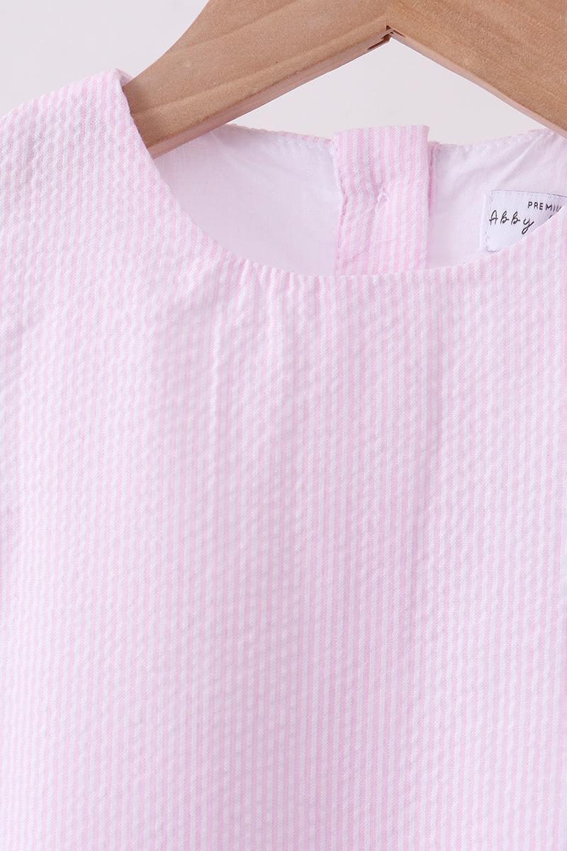 Girls Pink Seersucker Stripe Scalloped Dress