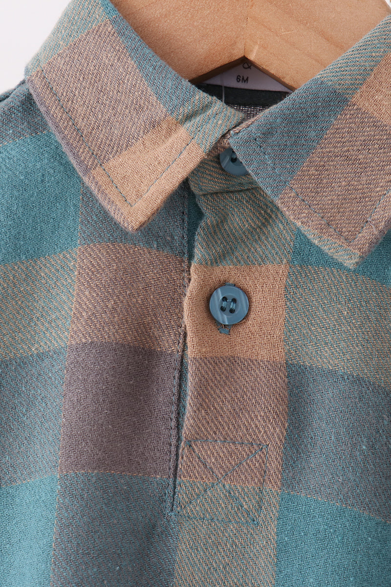 Baby Boy Teal Plaid Button Down Bubble