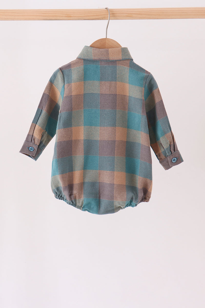 Baby Boy Teal Plaid Button Down Bubble