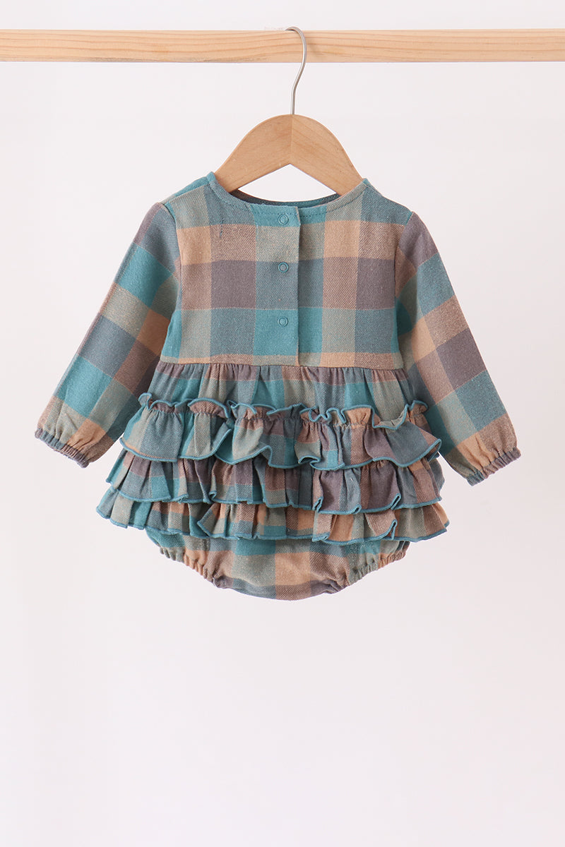 Baby Girl Teal Plaid Ruffle Bubble