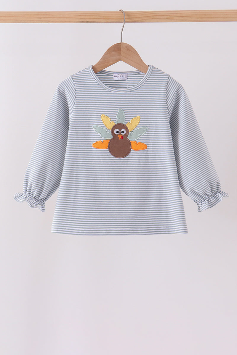 Girls Sage Turkey Embroidery Stripe Top