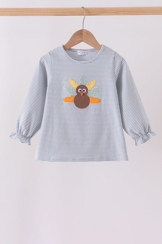 Girls Sage Turkey Embroidery Stripe Top