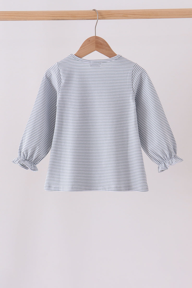 Girls Sage Turkey Embroidery Stripe Top