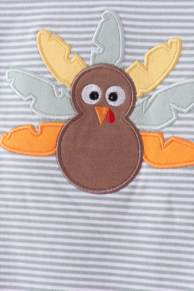 Girls Sage Turkey Embroidery Stripe Top