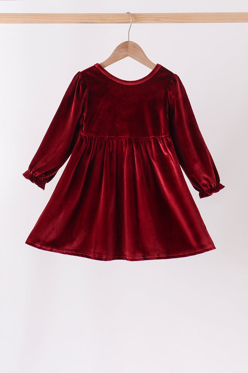 Girls Long Sleeve Maroon Velvet Bow Dress