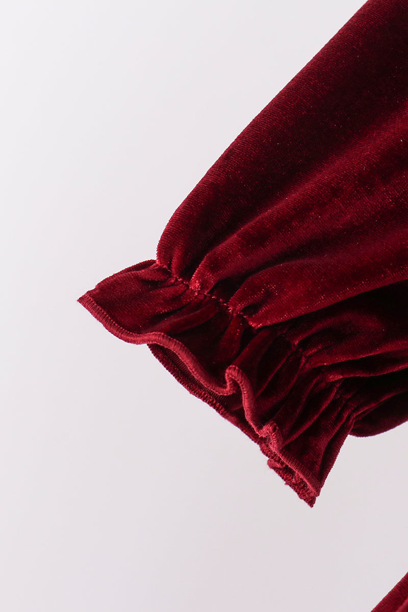 Girls Long Sleeve Maroon Velvet Bow Dress