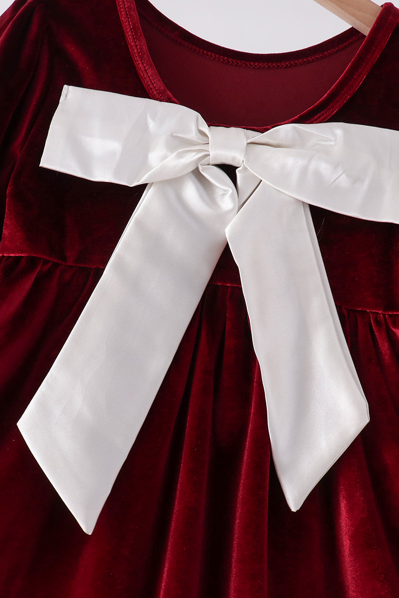 Girls Long Sleeve Maroon Velvet Bow Dress