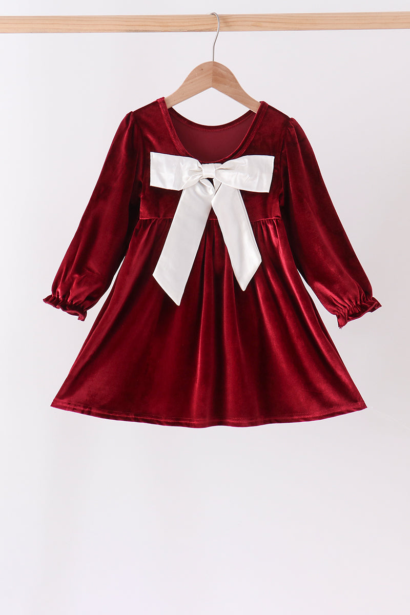Girls Long Sleeve Maroon Velvet Bow Dress