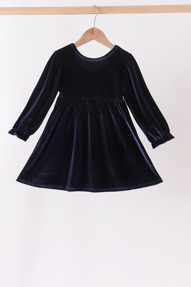 Girls Navy Velvet Bow Dress