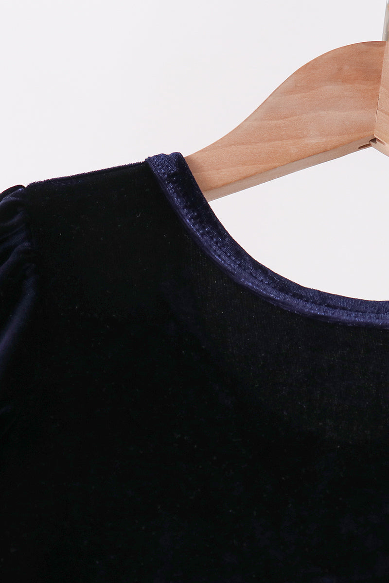 Girls Navy Velvet Bow Dress