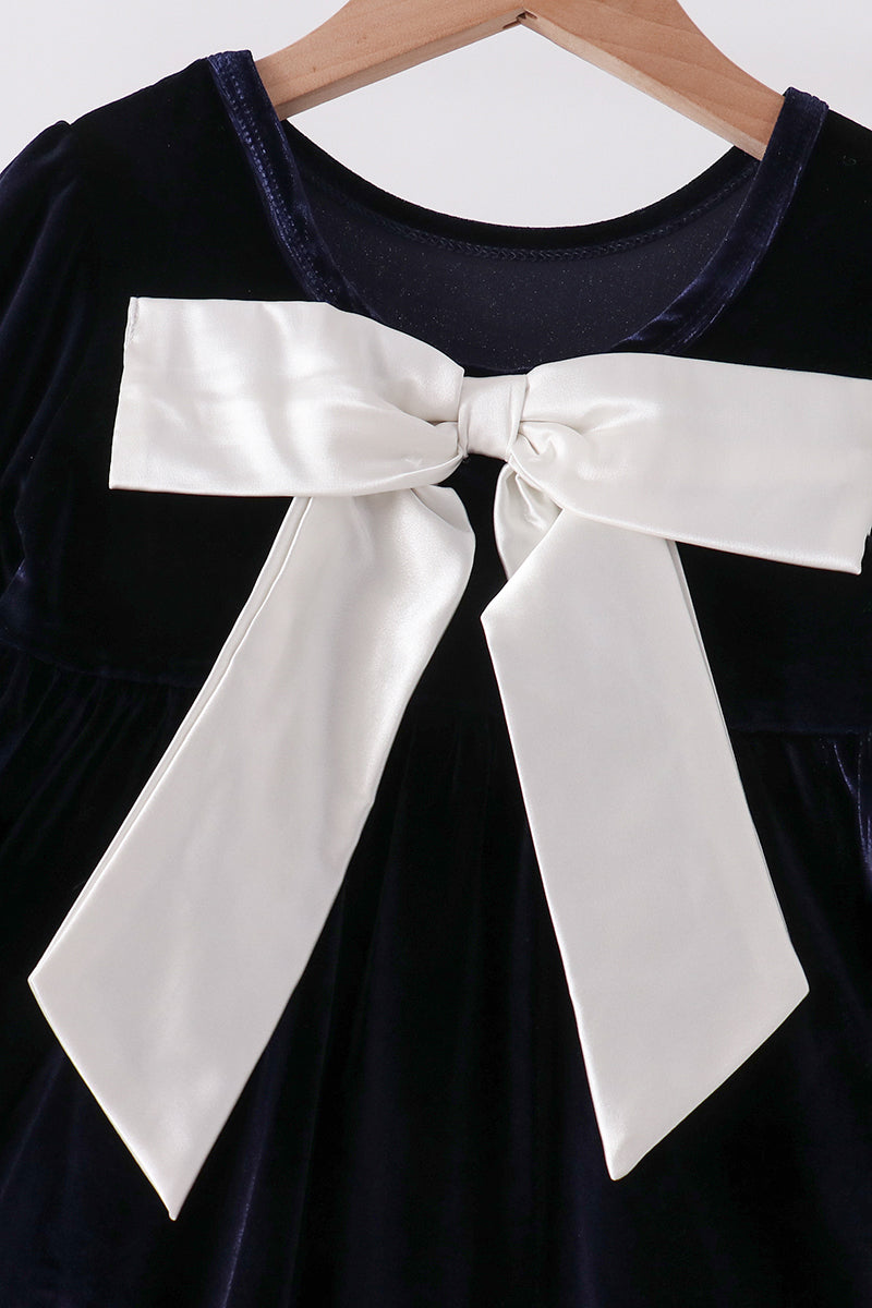 Girls Navy Velvet Bow Dress