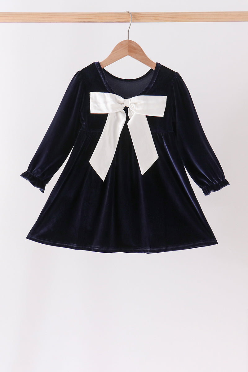Girls Navy Velvet Bow Dress