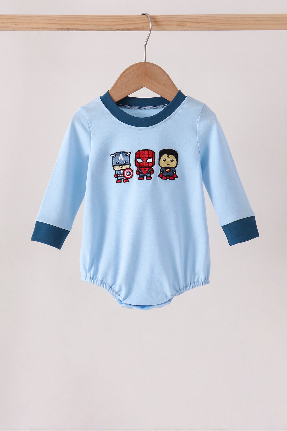 Baby Boy Blue Superhero Character Embroidery Bubble