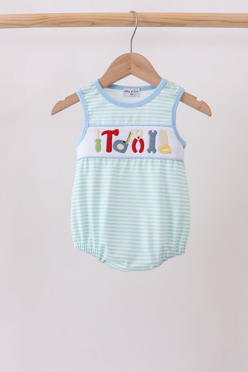 Baby Boy Blue Tool Smocked Stripe Bubble