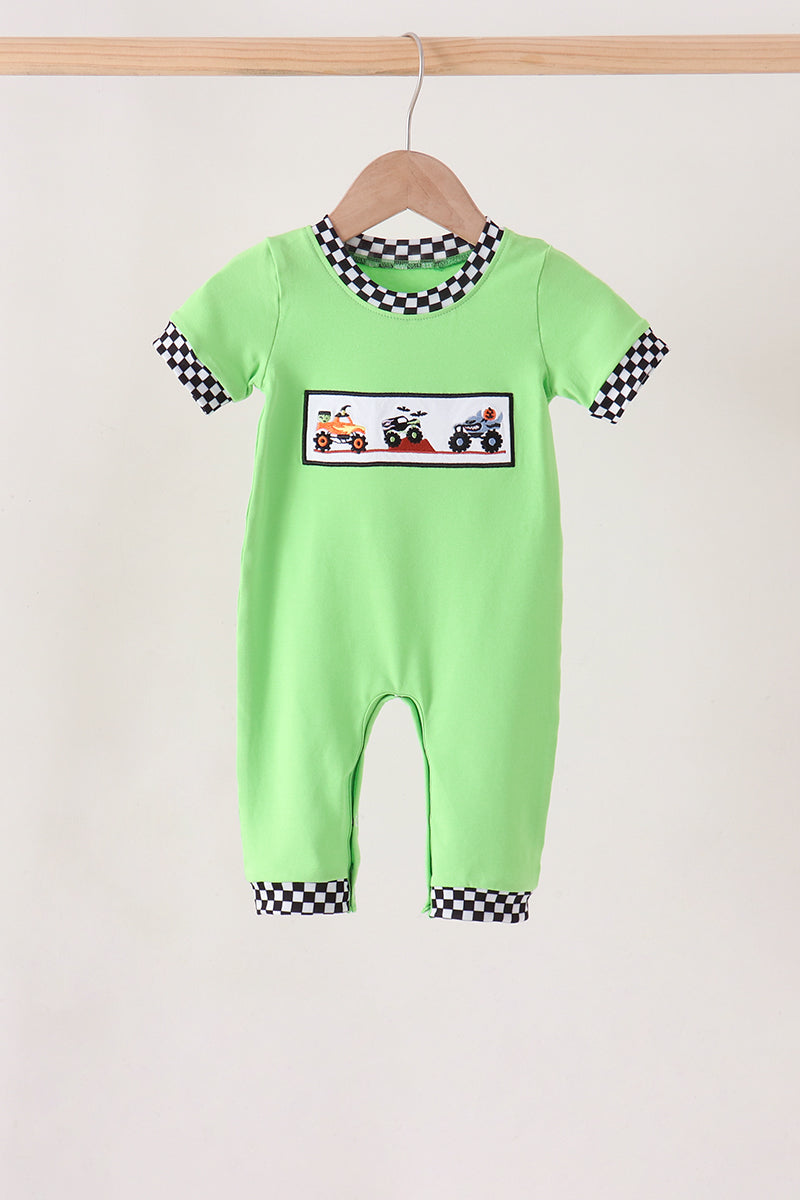 Baby Boy Green Monster Truck Embroidery Checkered Romper