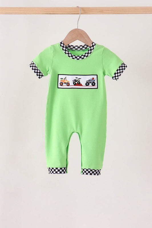 Baby Boy Green Monster Truck Embroidery Checkered Romper