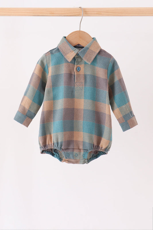 Baby Boy Teal Plaid Button Down Bubble