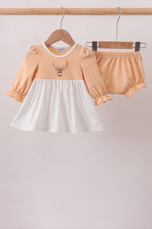 Baby Girl Beige Deer Embroidery Bloomer Set