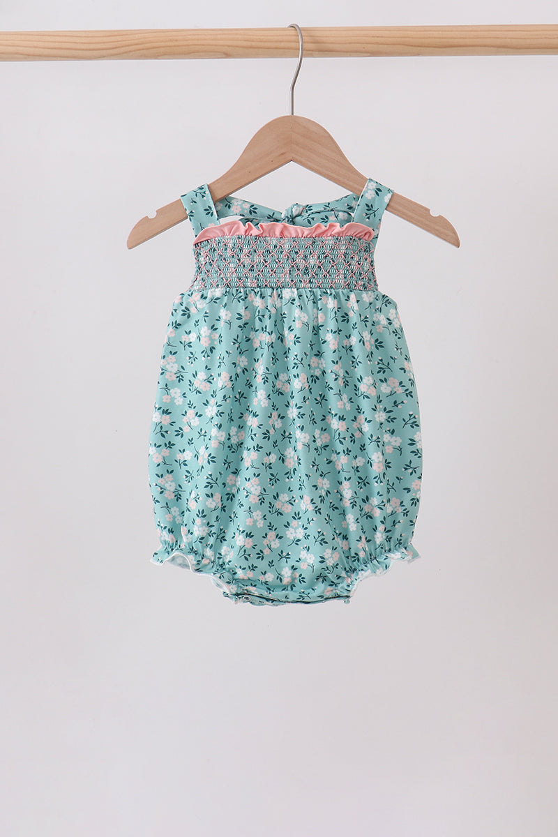 Baby Girl Green Floral Smocked Ruffle Bubble
