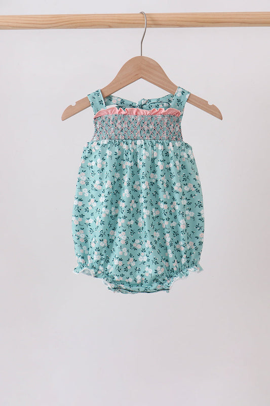Baby Girl Green Floral Smocked Ruffle Bubble