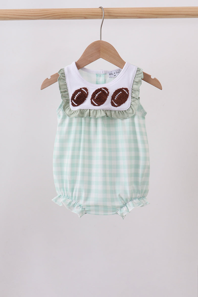 Baby Girl Green football french knot gingham ruffle bubble