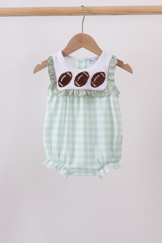 Baby Girl Green football french knot gingham ruffle bubble