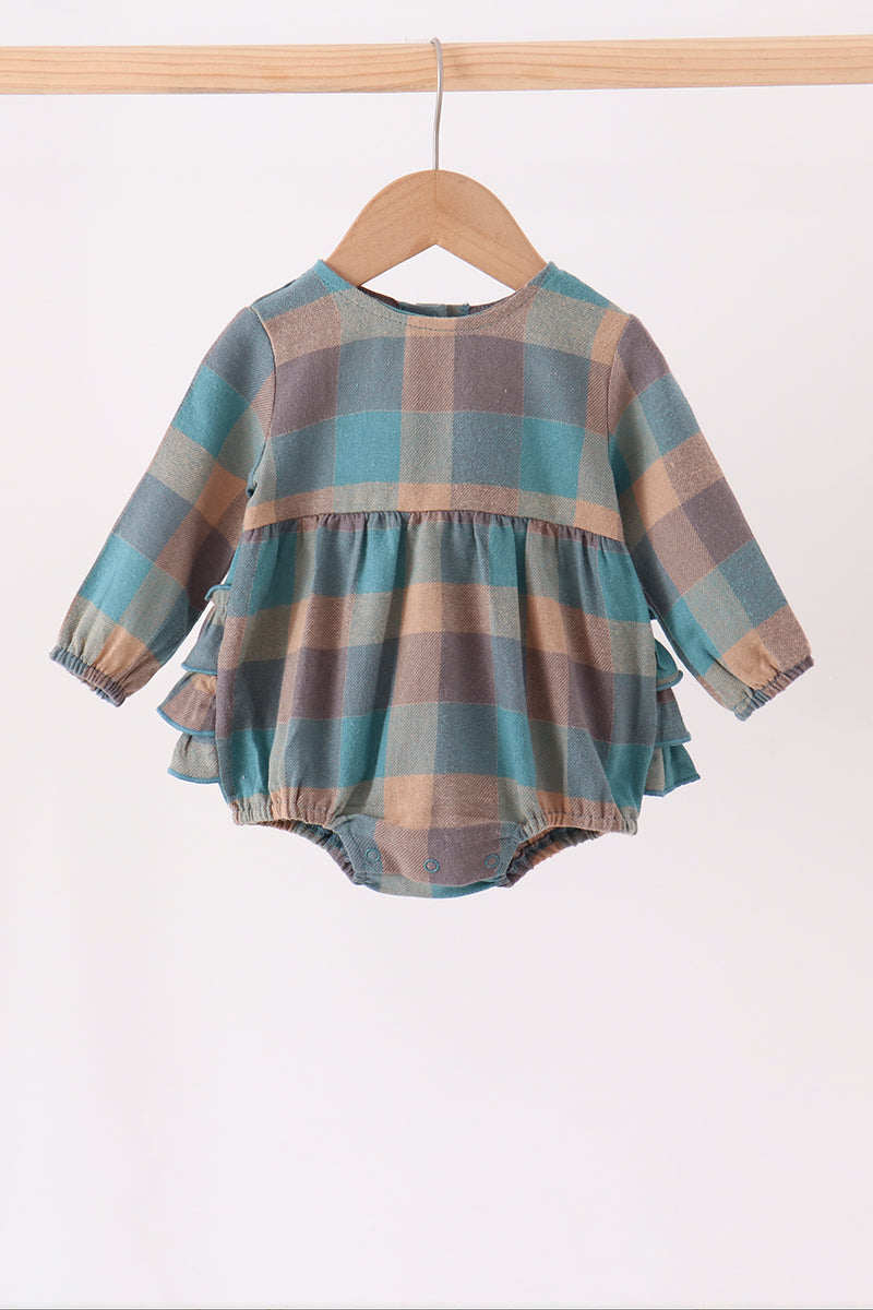 Baby Girl Teal Plaid Ruffle Bubble
