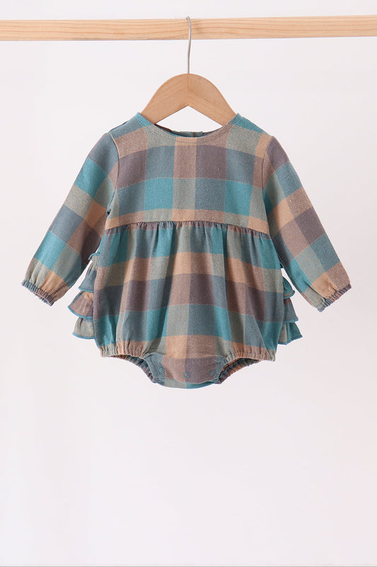 Baby Girl Teal Plaid Ruffle Bubble
