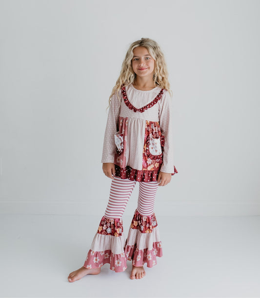 Girls Beige Floral Bell Bottom Pant Set