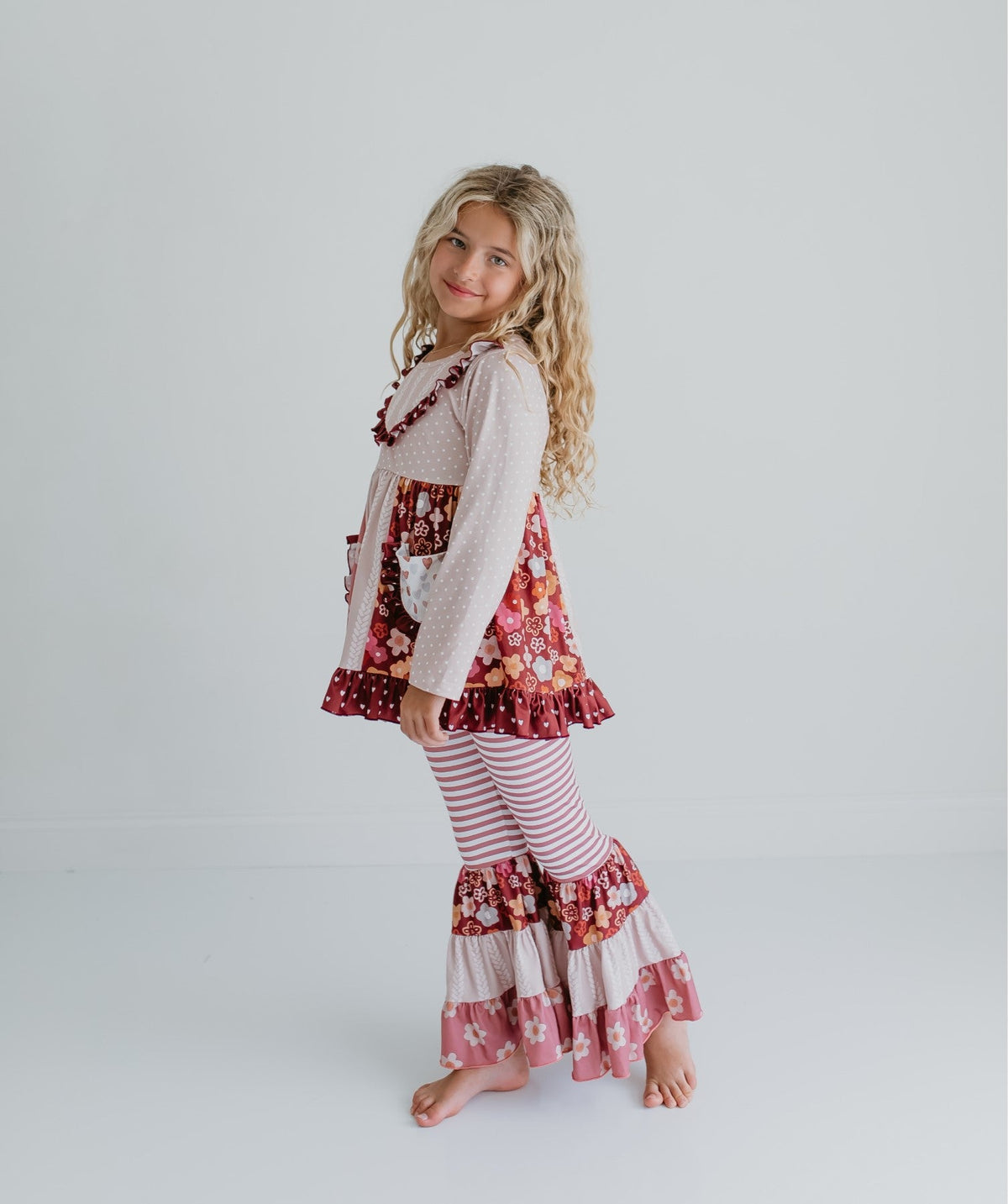 Girls Beige Floral Bell Bottom Pant Set