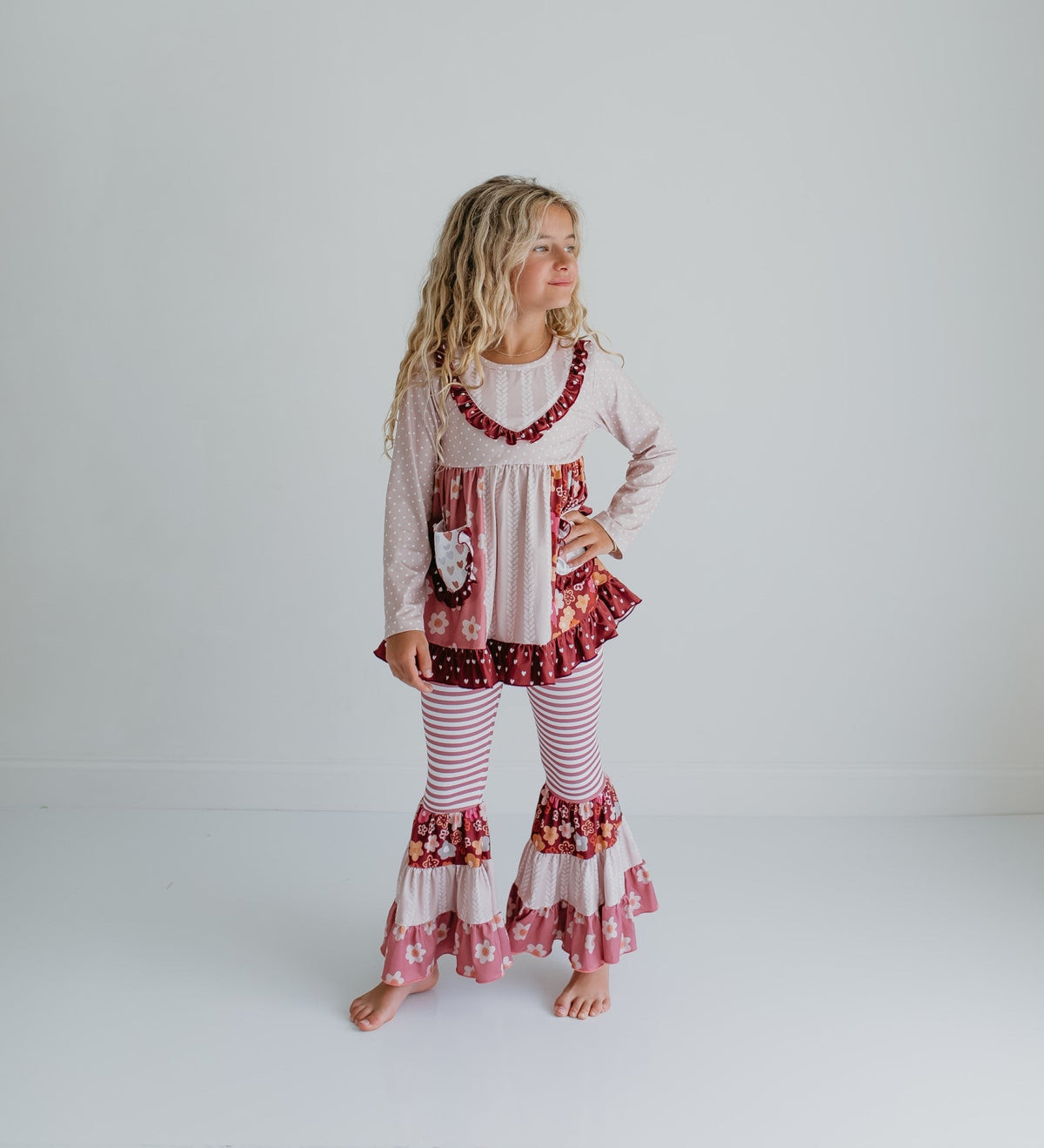 Girls Beige Floral Bell Bottom Pant Set