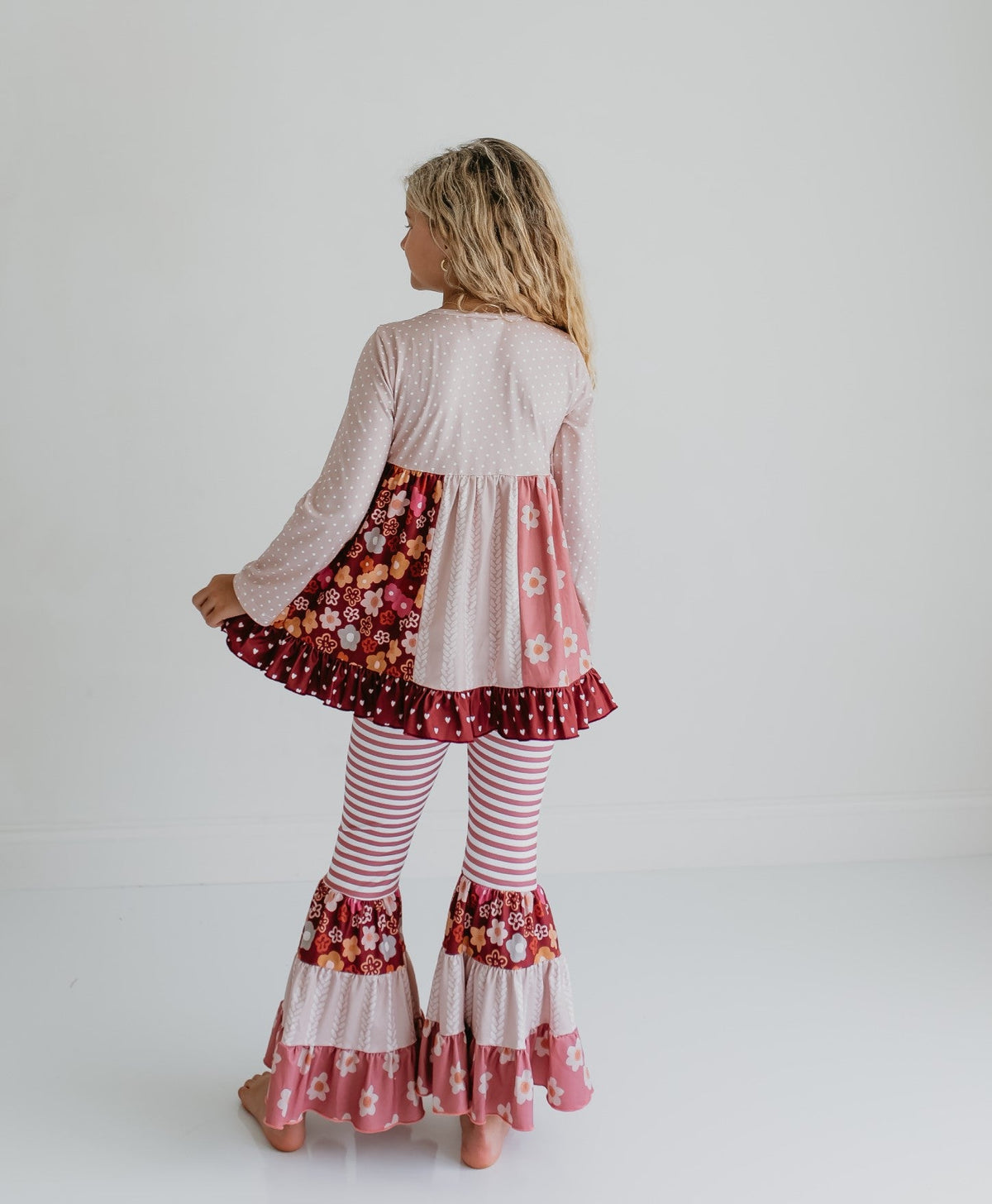 Girls Beige Floral Bell Bottom Pant Set