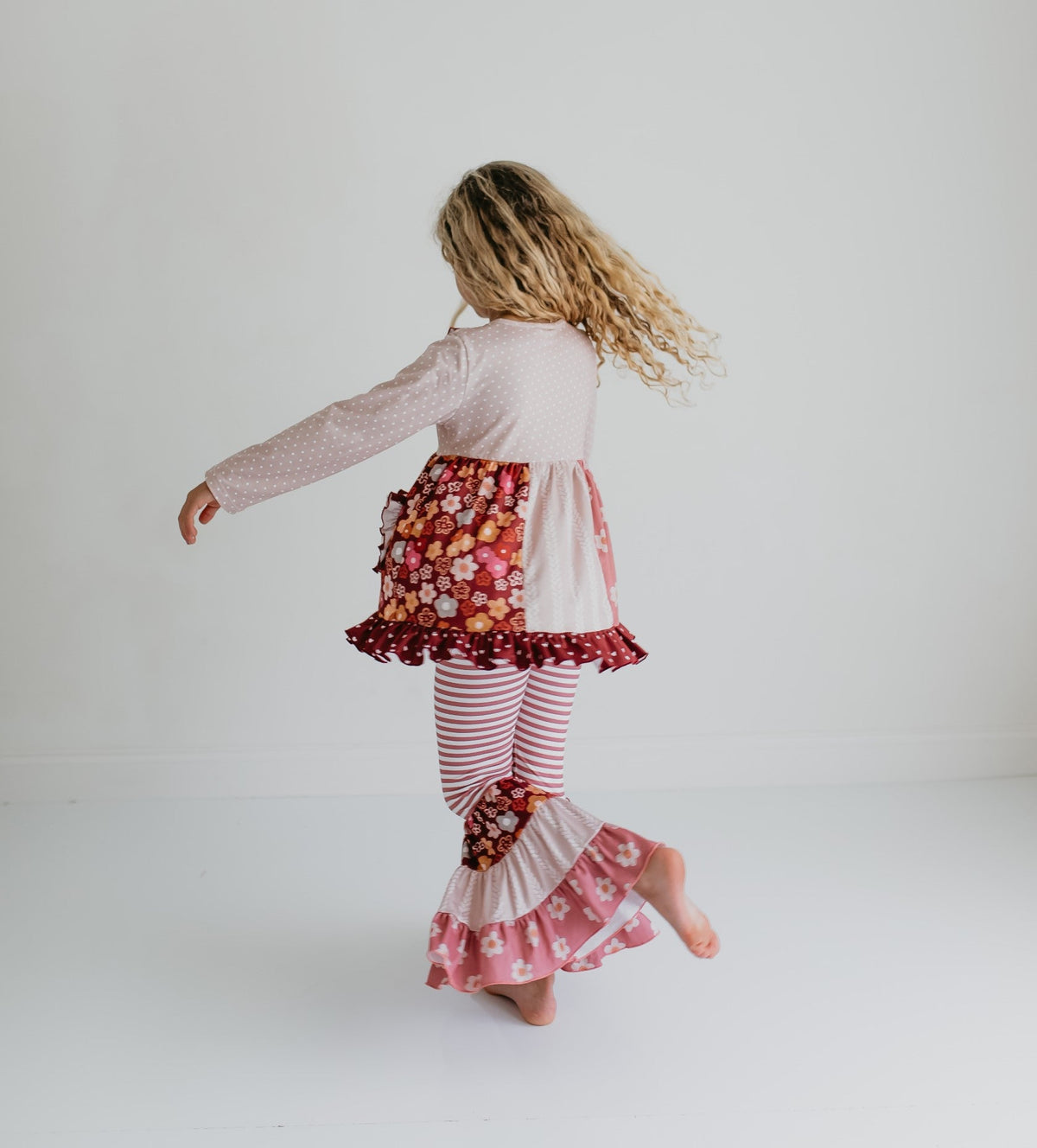 Girls Beige Floral Bell Bottom Pant Set