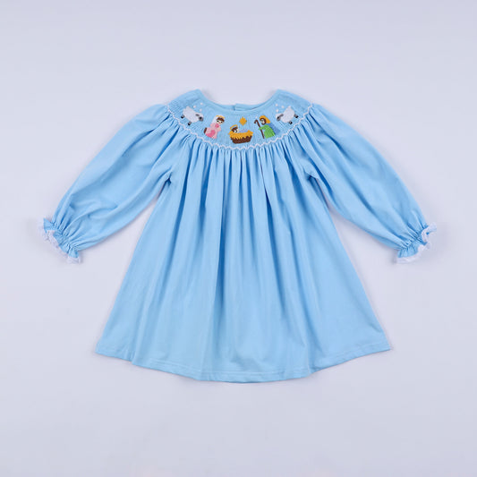 Blue Nativity Hand Smocked Dress
