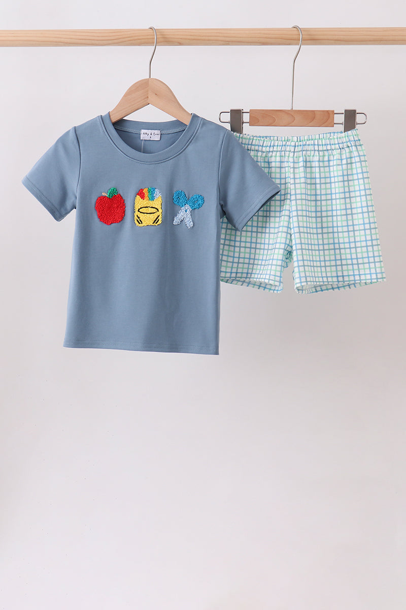 Boys Blue Apple Crayon French Knot Plaid Shorts Set