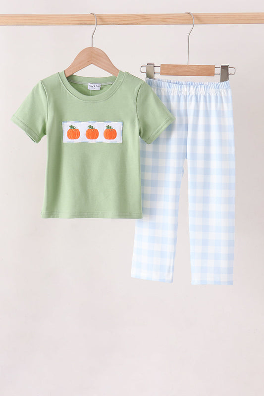 Boys Blue Pumpkin Embroidery Gingham pants Set