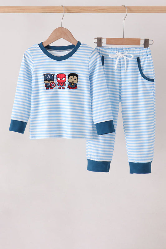 Boys Blue Superhero Character Embroidery Stripe Jogger Set