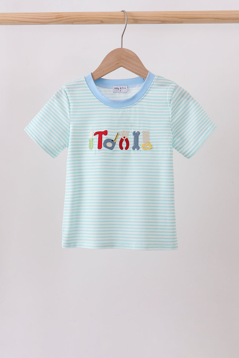Boys Blue Tool Embroidery Stripe Top