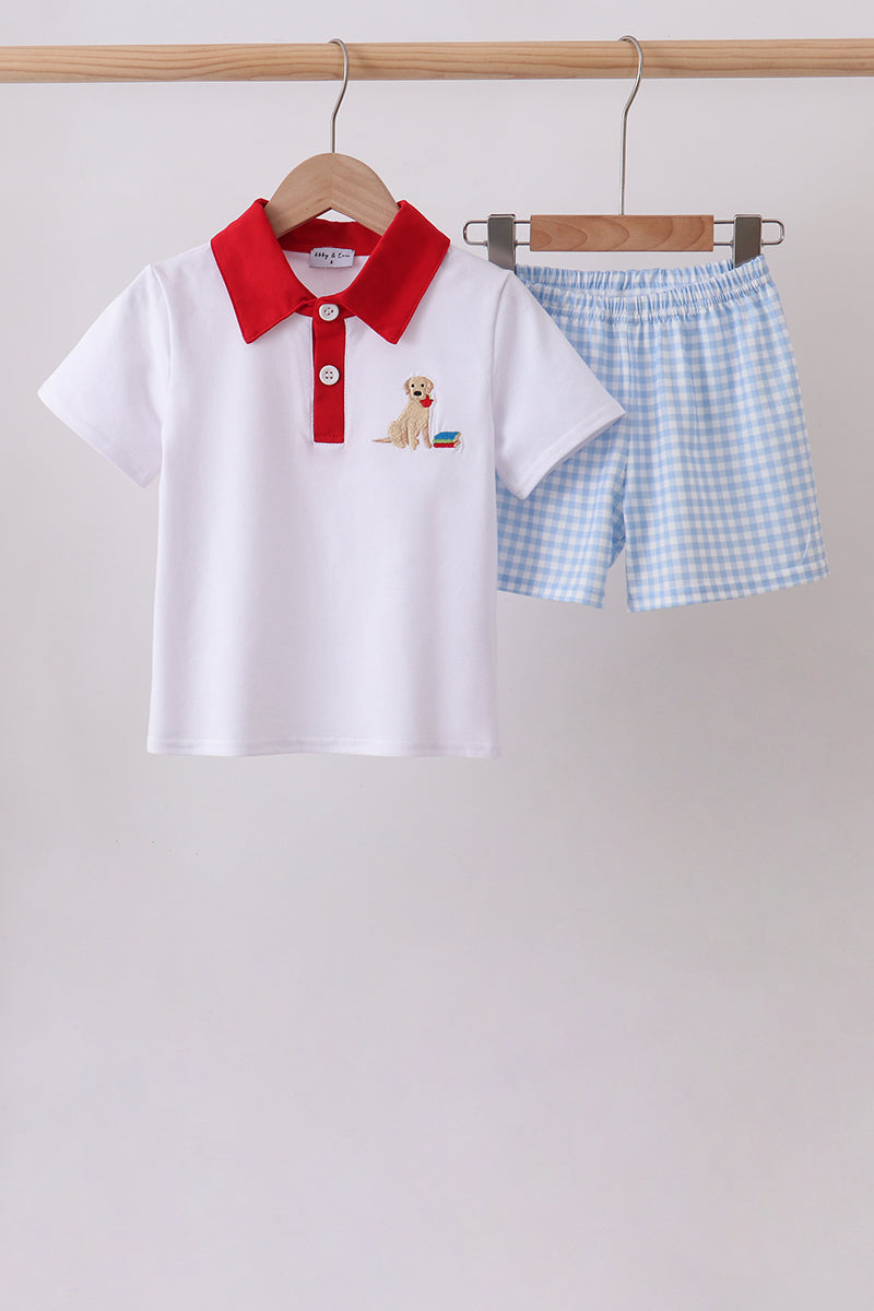 Boys Golden Lab Puppy Back to School Embroidered Boys Shorts Set