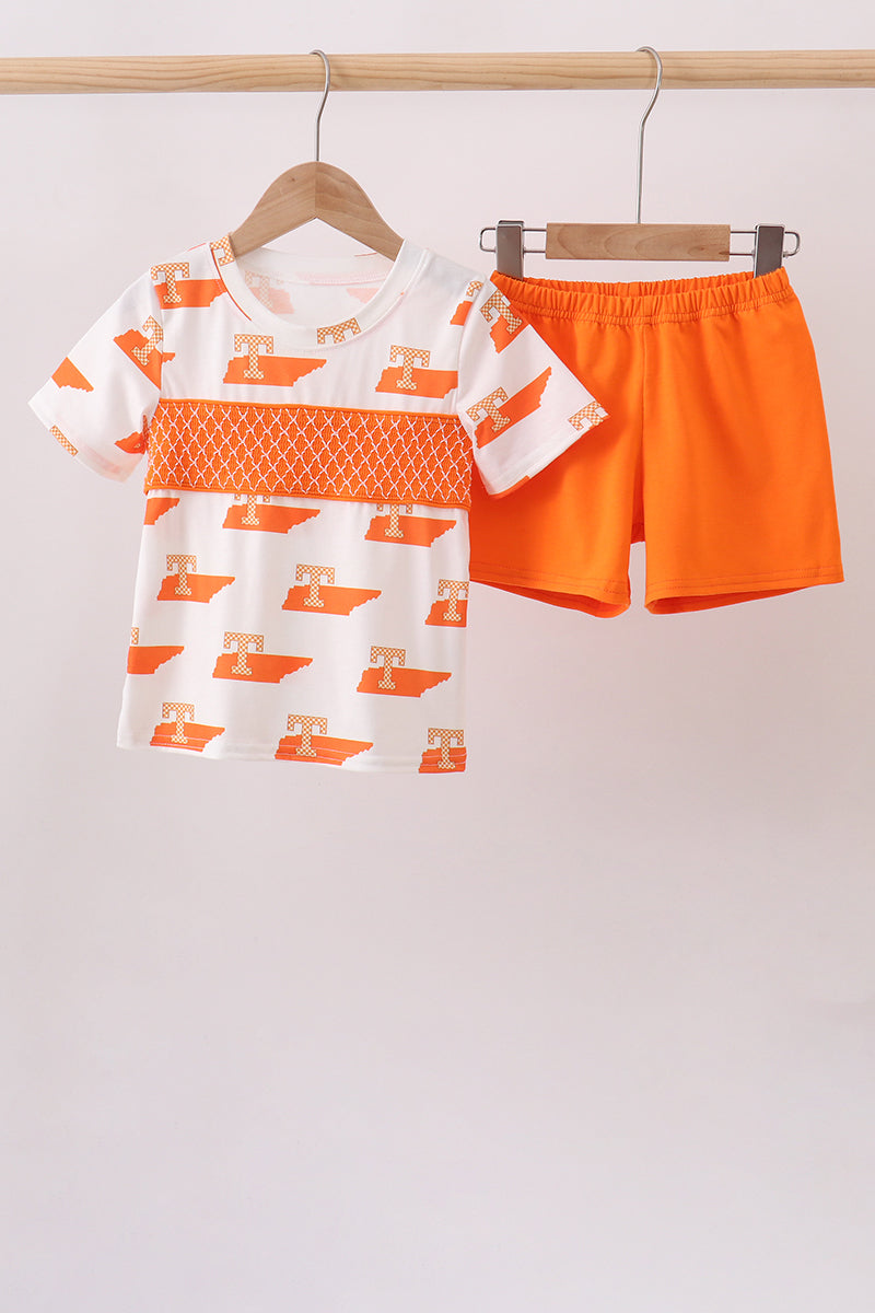 Boys Orange Tennessee Smocked Shorts Set